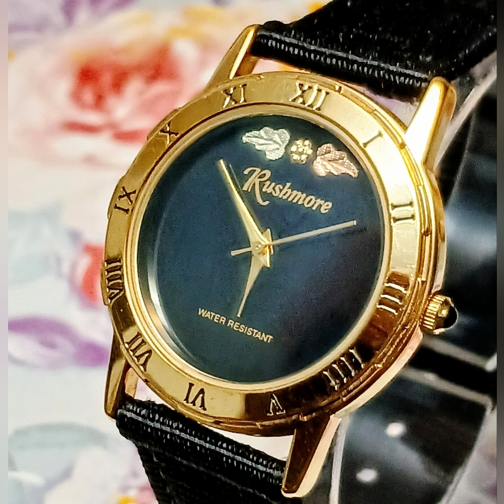 Rushmore 12K Black Hills Gold Leaves Watch Black Nylon Band New Battery